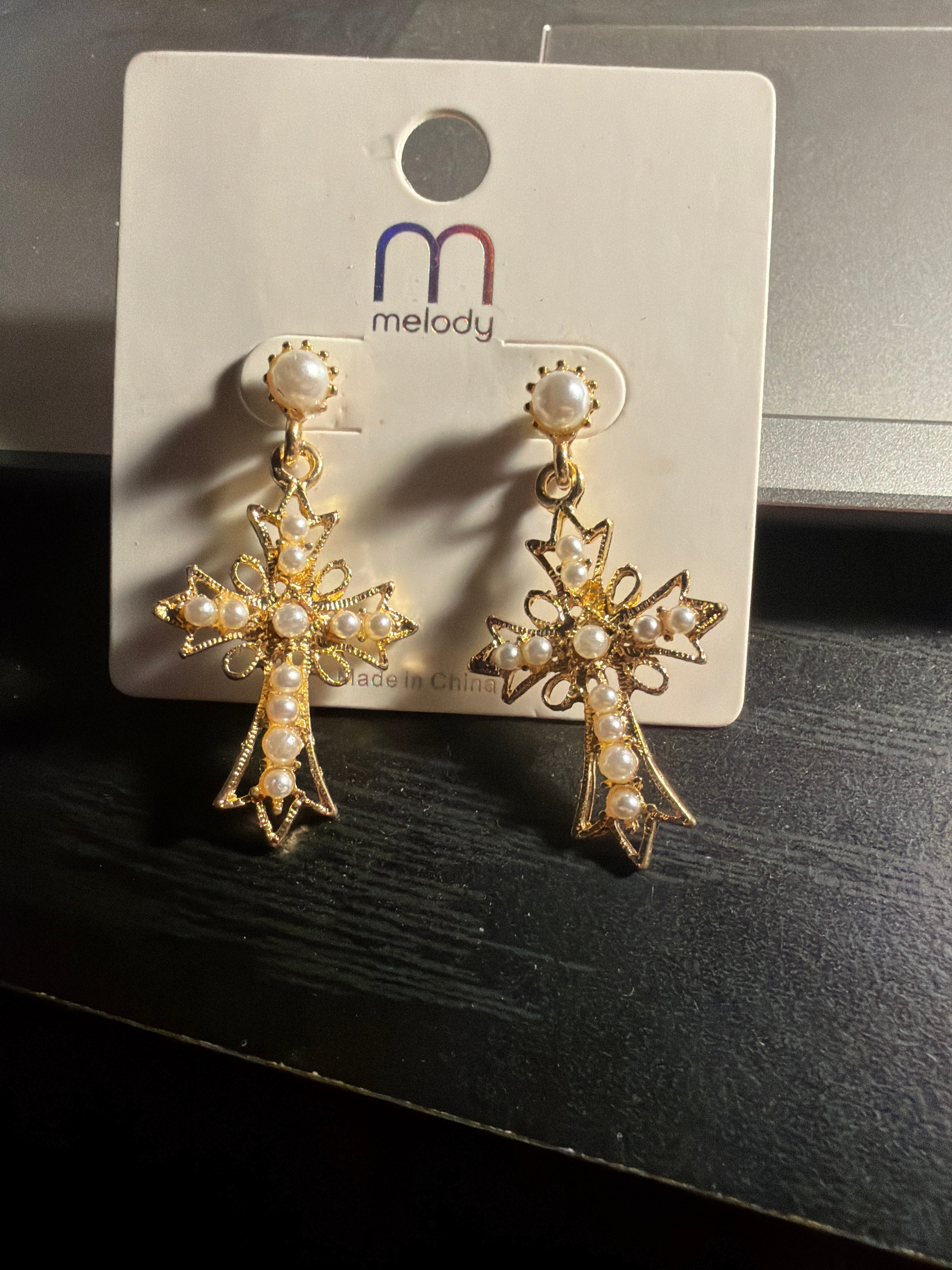 Dangle Cross Earrings w/Pearls